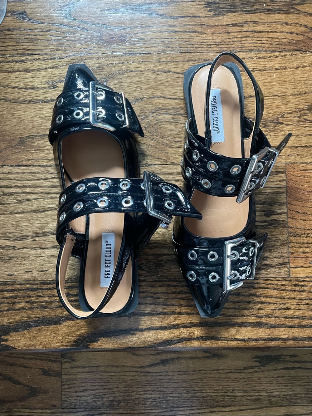 Project Cloud Black Patent Pointed Slingback Flats with Buckle Detail